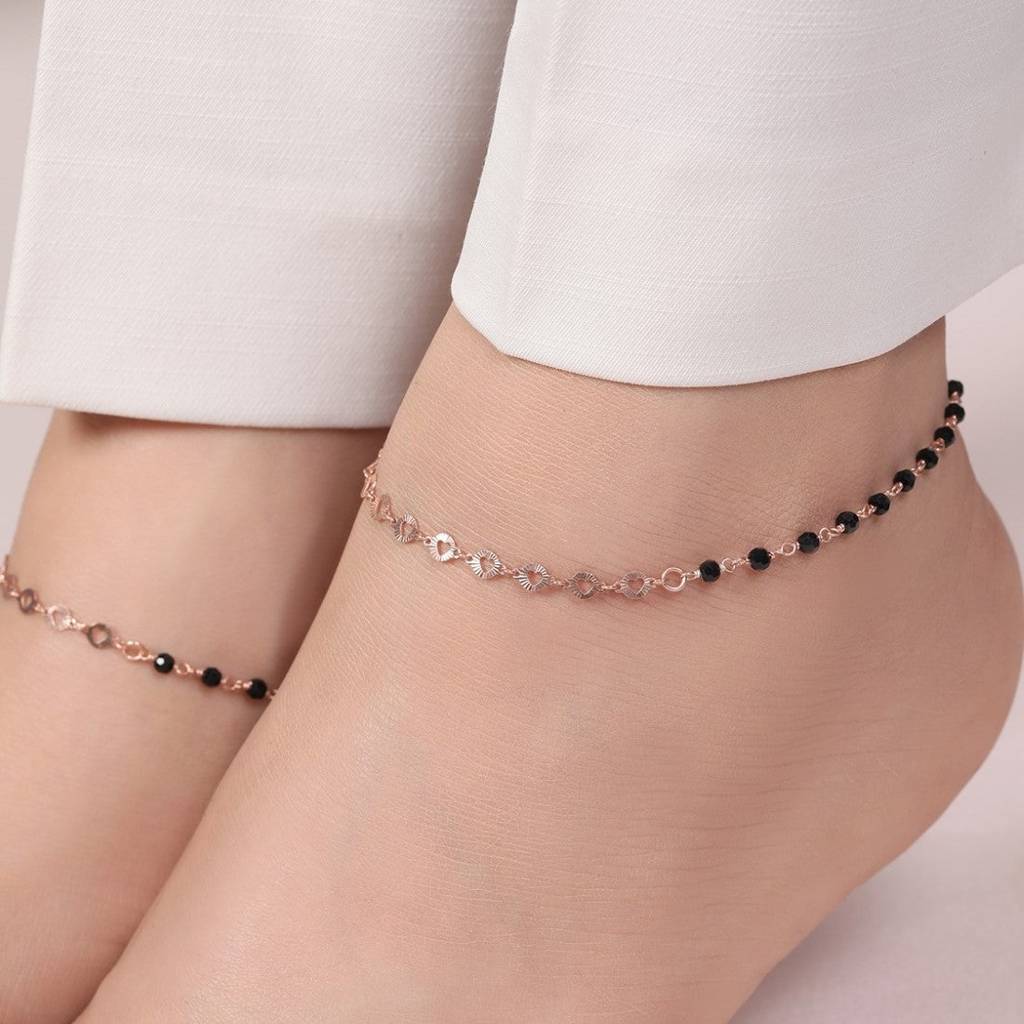 Rose Gold Radiance Beaded Chain Anklet In 925 Sterling Silver : ANK-60272-PAIR