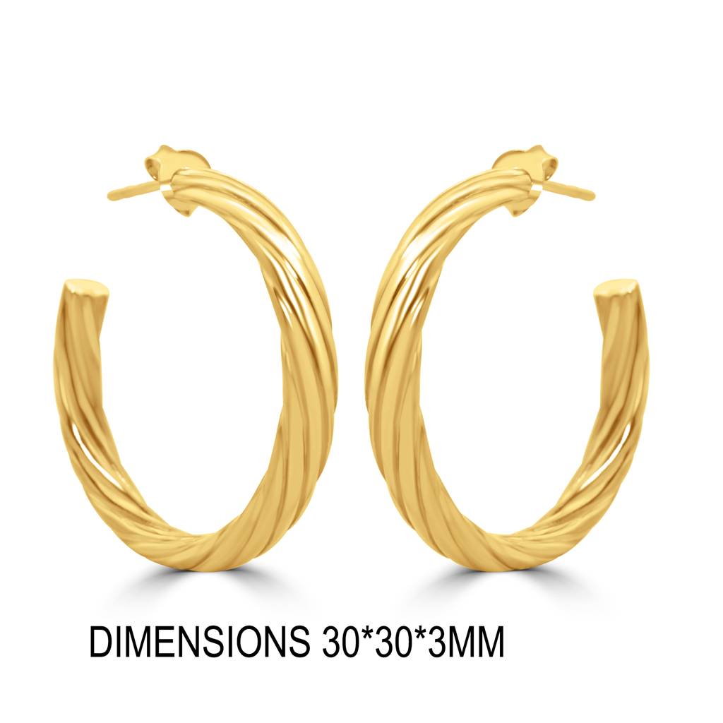 925 Sterling Silver Gold Plated Textured Round Hoops Earrings : TWP1227