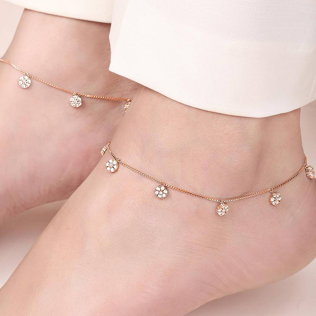 Cz Floral Rose Gold Plated 925 Sterling Silver Anklet : ANK-60371-PAIR-RG