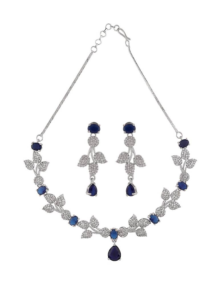 Elegant Blue Crystal Leaf Pattern Jewellery Set With Necklace And Earrings For Party Wear : sherva-JS