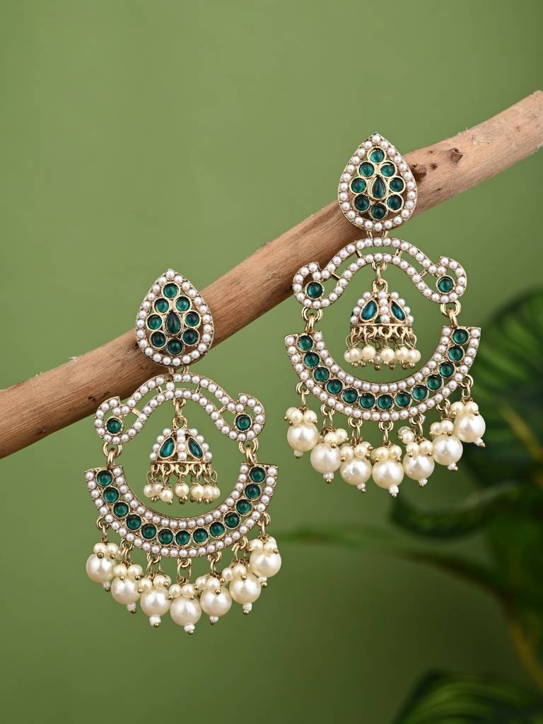 Gold Plated Stone & Beads Chandbali Earring : S24KCER438GRN