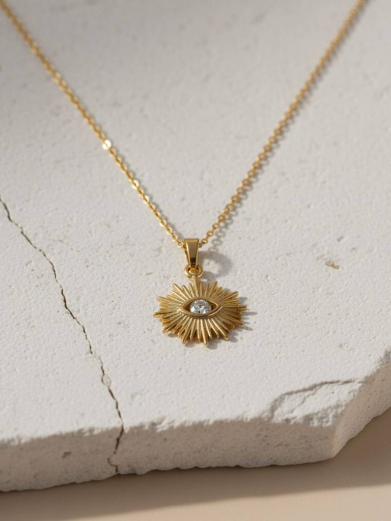 Anti-Tarnish Evil Eye White Stone Pendant Chain | 18K Gold Cz Jewelry : ATC646EEWC