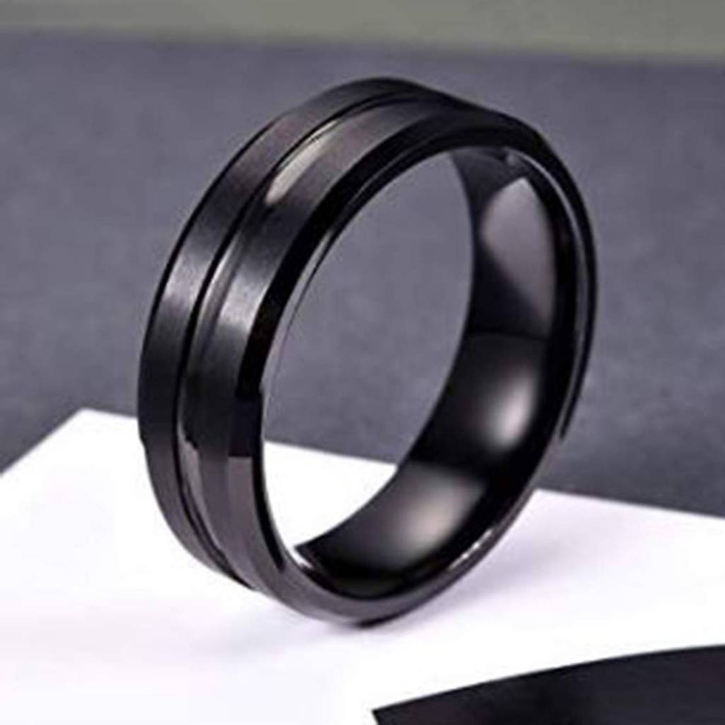Black Tungsten Grooved Centre Polished Wedding Band Ring For Men Boys|Rakhi Rakshabandhan Gift For Sister Bhabhi, G : PX9R54-8