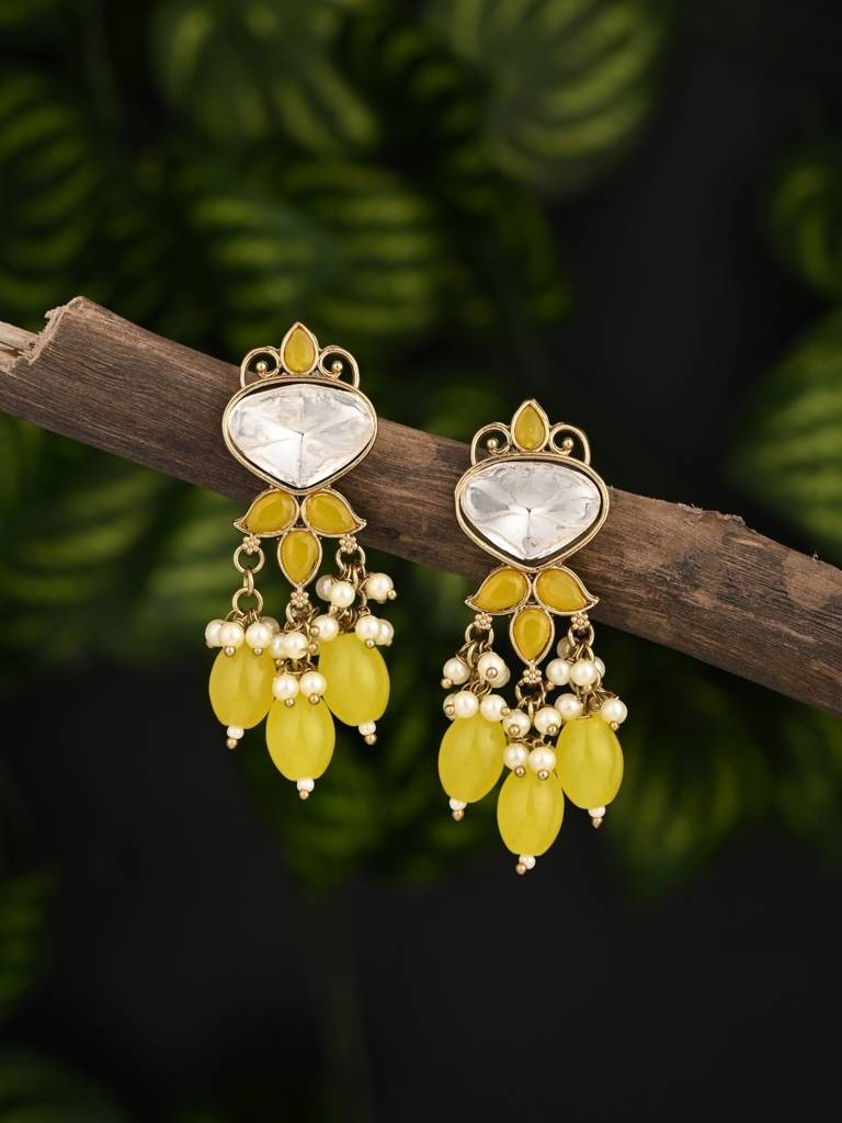 Gold Plated Kundan & Pearl Drop Earrings : S24FAER410YLW