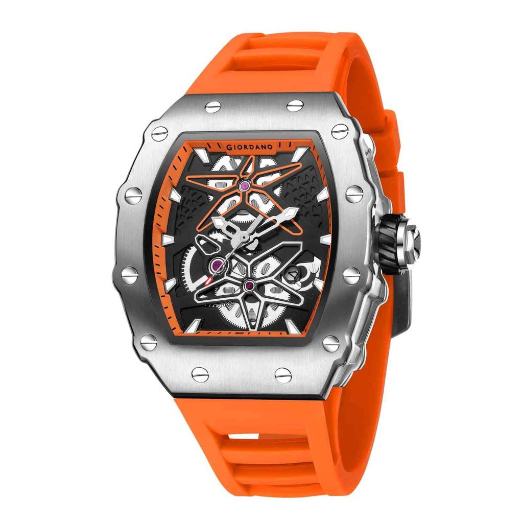 Giordano Analog Skeleton Dial Watch For Men Â Tonneau Case, Silicone Strap, Open-Gear Sport Design, Quartz Mov : GZ-50188-55