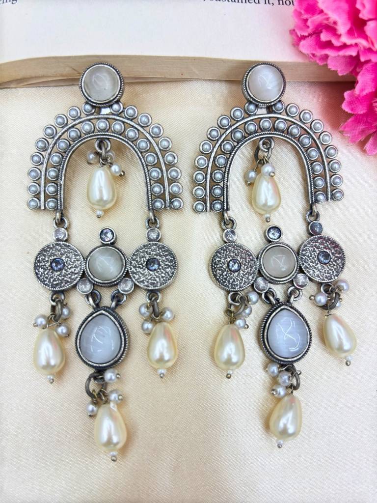 Silver Plated Oxidised Stone & Pearl Embellished Statement Chandbali Earrings : VI26EROX100336