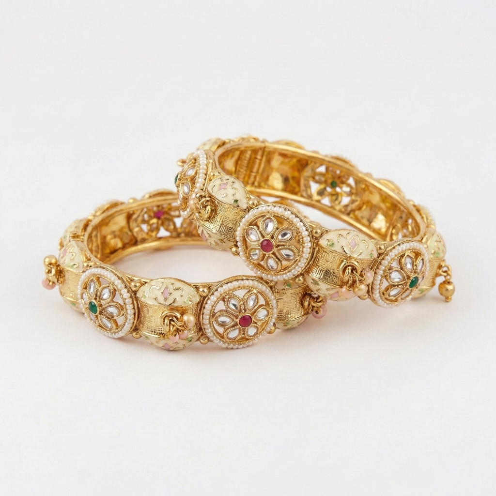 Royal Gold Plated Kundan & Meenakari Bangles With Pearl Accents : BV-BG-12-24
