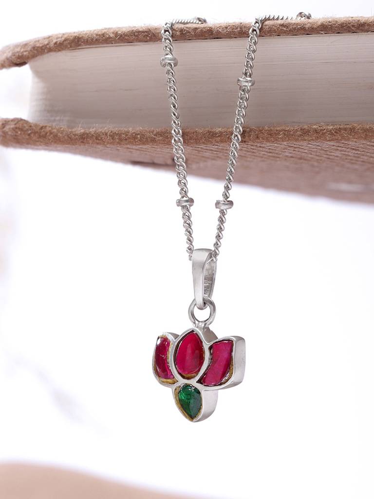 92.5 Silver Crimpson Kundan Lotus Necklace : U100SG006MY016