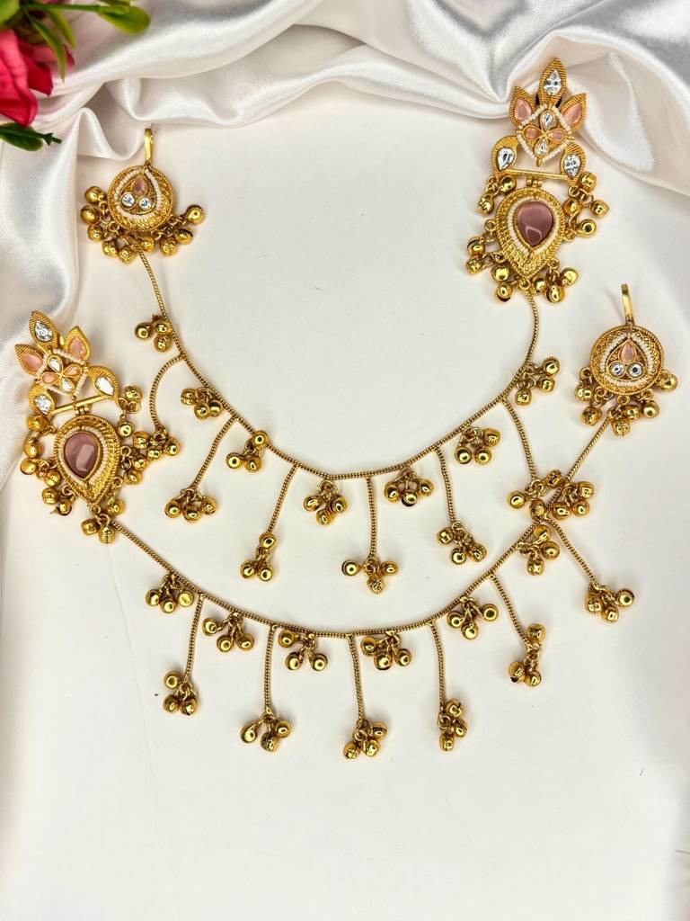 Gold-Plated Premium Kundan Red Stone-Studded Kan Chain Earrings : VI26EROX100370