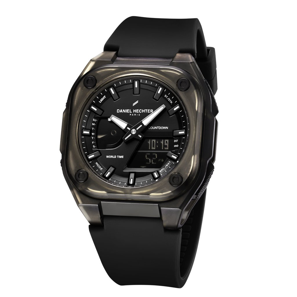 Paris Tech Collection Analog-Digital Sports Watch For Men – Black Dial, Silicone Strap, World Time & Countdown Ti : DHM1071-02
