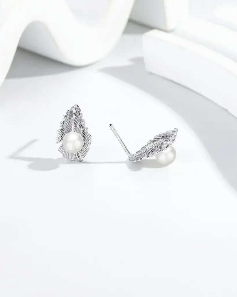 Pure 925 Silver Pearl Leaf Whisper Stud Earrings For Women : RAN-33