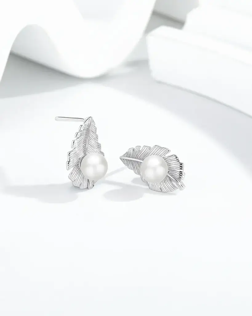 Pure 925 Silver Pearl Leaf Whisper Stud Earrings For Women : RAN-33