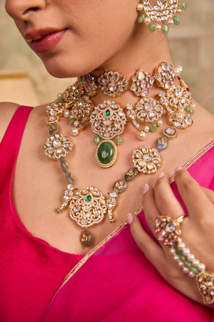 Traditional Polki And Green Bead Complete Necklace Set : XAGTL106