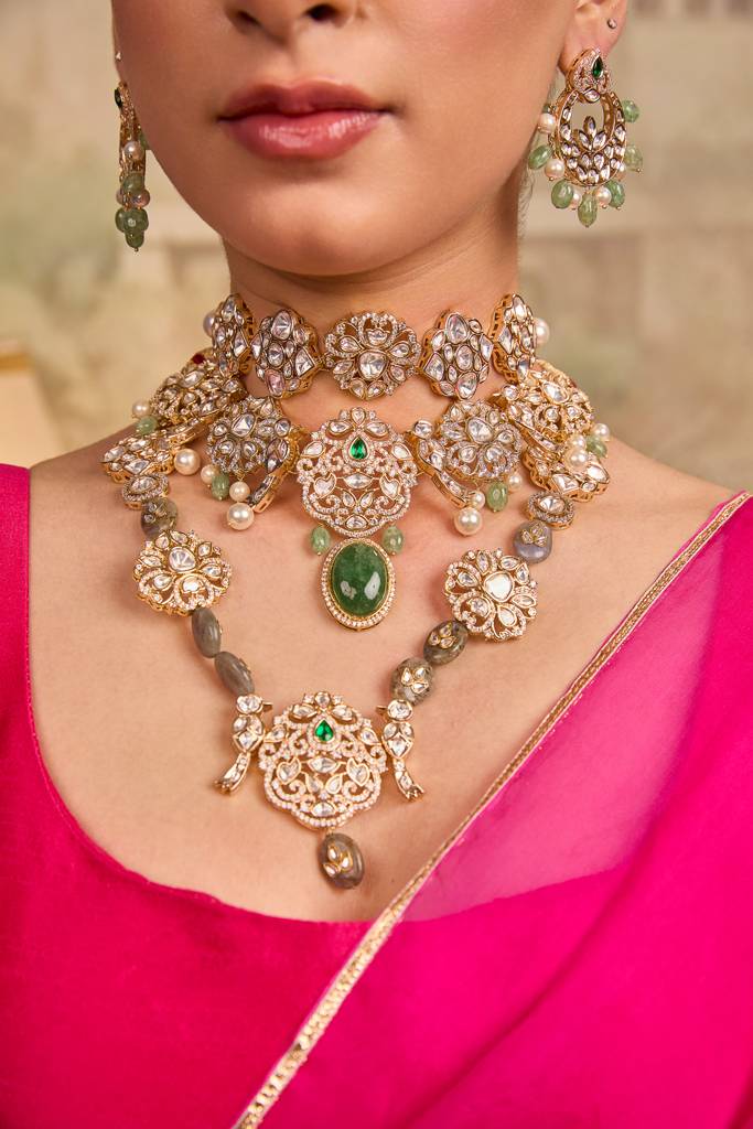 Traditional Polki And Green Bead Complete Necklace Set : XAGTL106