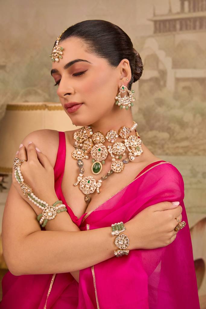 Traditional Polki And Green Bead Complete Necklace Set : XAGTL106