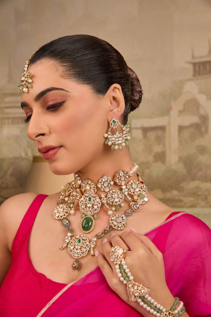 Traditional Polki And Green Bead Complete Necklace Set : XAGTL106