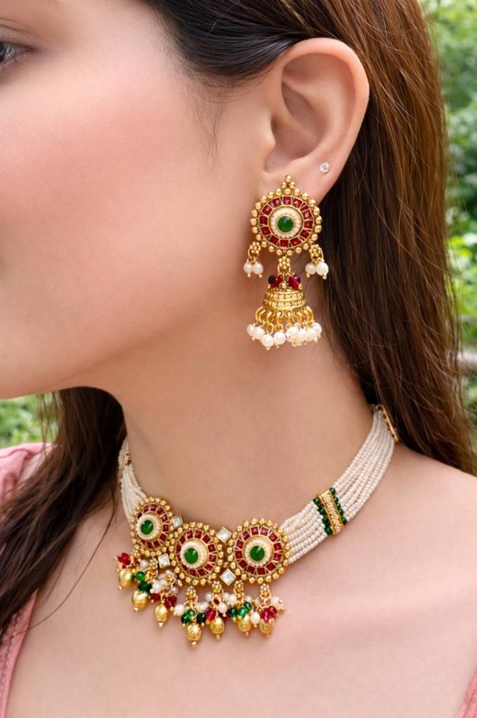 Gold Finish Multi-Stone Pearl Necklace Set : PR-995