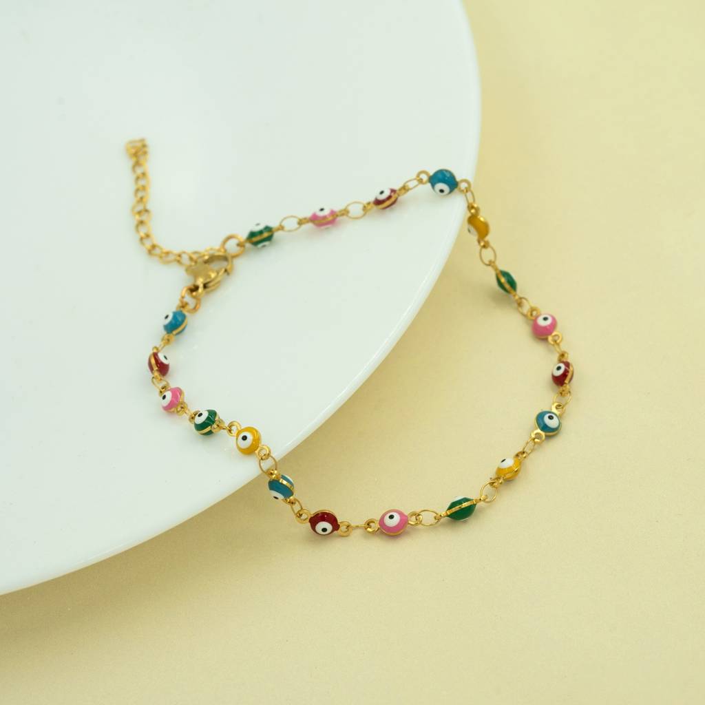 Gold Plated Multicolor Evil Eye Beads Anti Tarnish Anklet For Women : HSPS60MB0998
