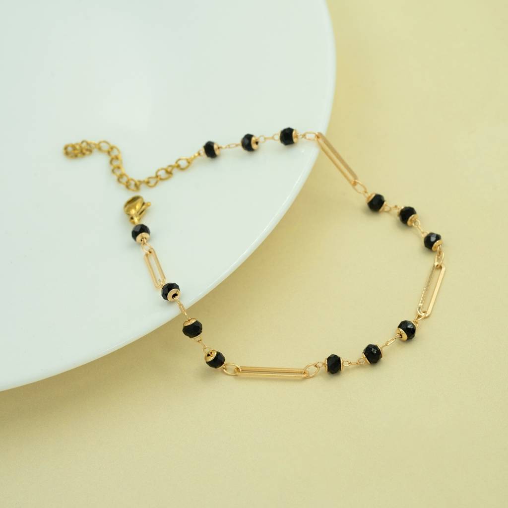 Gold Plated Black Crystal Link Anti Tarnish Anklet For Women : HSPS60MB0993