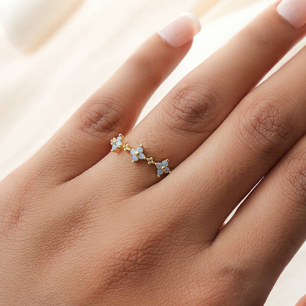 18K Plated Waterproof, Anti-Tarnish Blue Zircon Floral Ring, Size:7 : AWU0125R143G_7