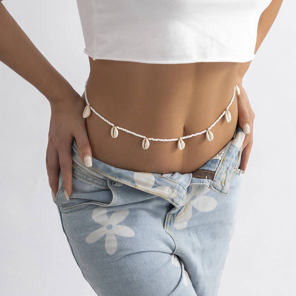 Boho Style White  Shell Beaded Waist Chain For Beach Wear : AMU0125WC246