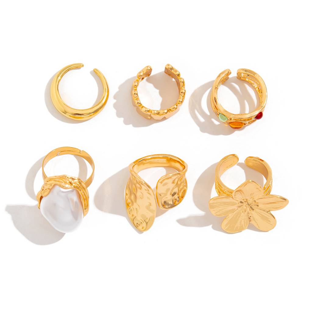 Gold Plated Anti-Tarnish Baroque Pearl Floral Statement Stack Rings (Set Of 6) : ADN0525R539
