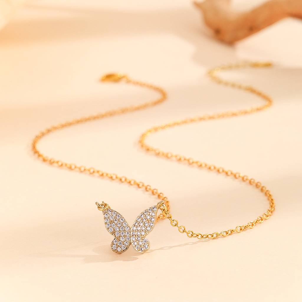 18K Gold Plated Waterproof, Anti-Tarnish Zircon Butterfly Pendant Necklace : AWU0125PN008