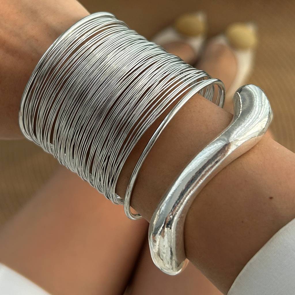 Gold/Silver Plated Anti-Tranish Bold Chunky Coil Wire And Wavy Statement Open Cuff Bracelet Combo : ADNSX0525B6712SC2