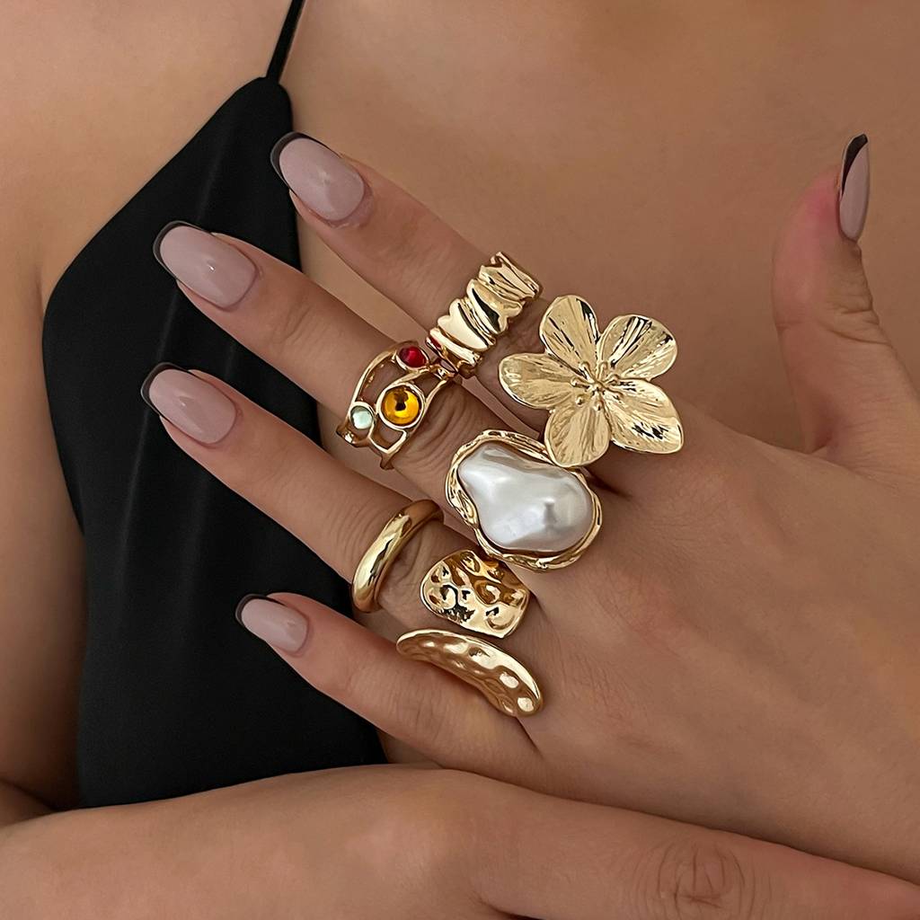 Gold Plated Anti-Tarnish Baroque Pearl Floral Statement Stack Rings (Set Of 6) : ADN0525R539