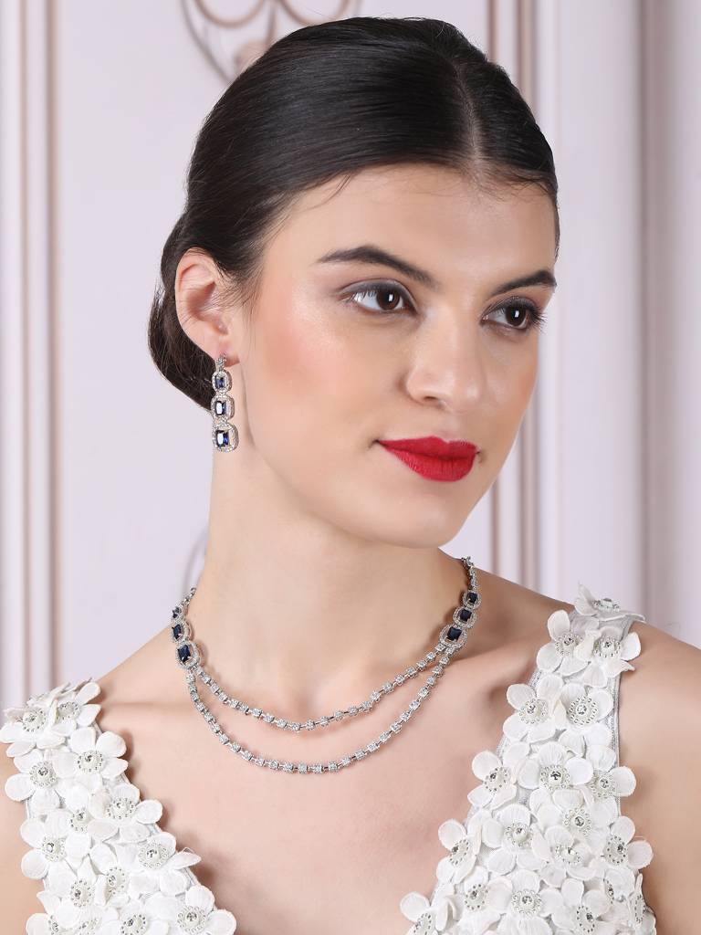 Silver-Plated American Diamond Studded Layered Jewellery Set : AD140BLUE