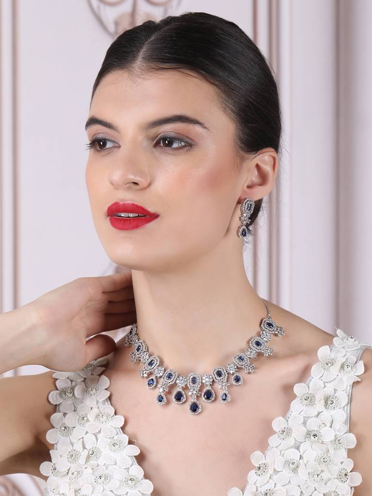 Silver Plated Brass Luxury American Diamond Necklace Set : AD136BLUE