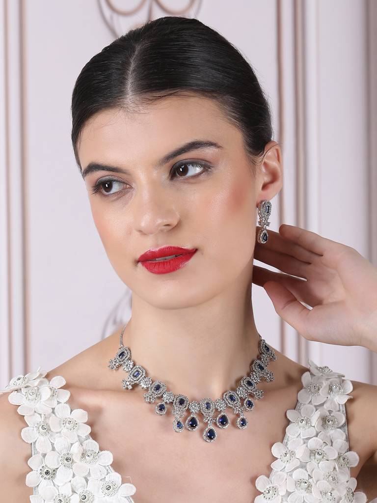 Silver Plated Brass Luxury American Diamond Necklace Set : AD136BLUE