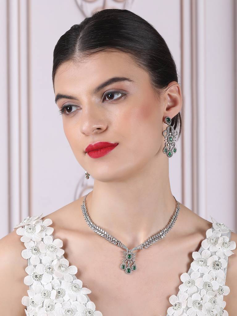 Princess Style Flower Ad Necklace Set With Long Earrings Set For Women/Girls - Wedding Jewelry/Party & Festival A : AD137GREEN