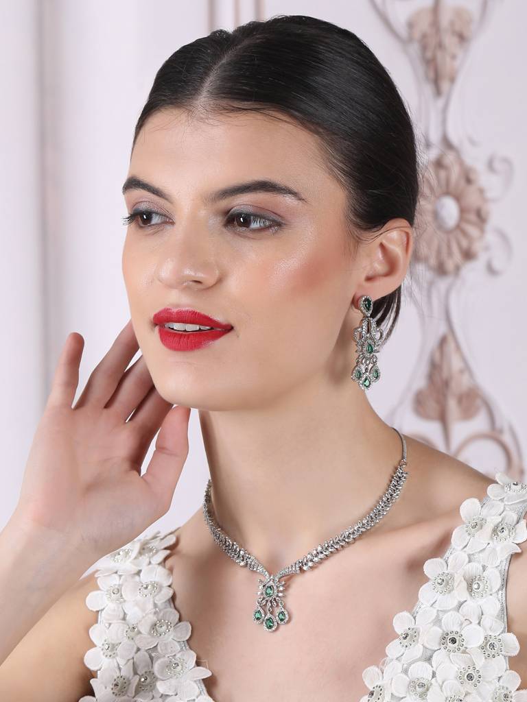 Princess Style Flower Ad Necklace Set With Long Earrings Set For Women/Girls - Wedding Jewelry/Party & Festival A : AD137GREEN