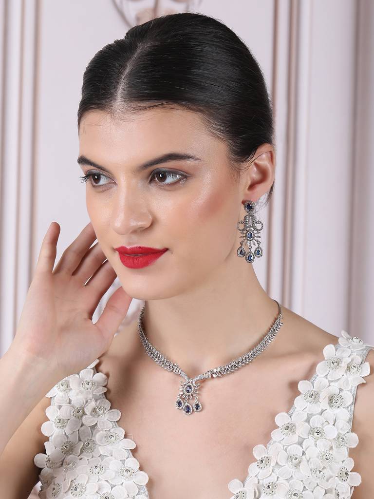 Princess Style Flower Ad Necklace Set With Long Earrings Set For Women/Girls - Wedding Jewelry/Party & Festival Ac : AD137BLUE