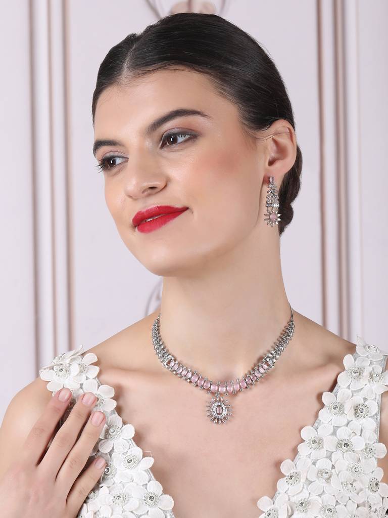 Silver Plated American Diamond Studded Dual Shade Necklace Set : AD142Pink