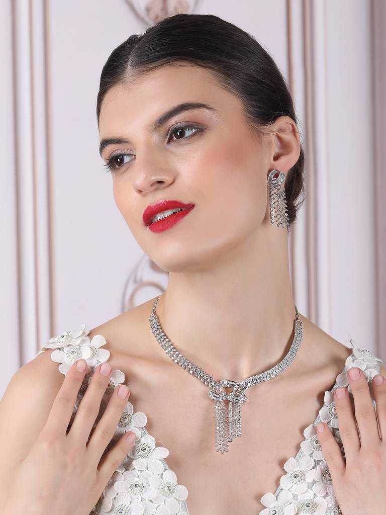 Handcrafted Silver Plated Cz-Ad Party Necklace Set : AD141
