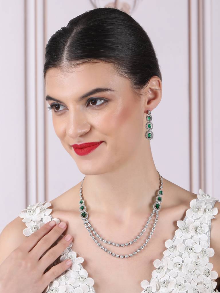 Silver-Plated American Diamond Studded Layered Jewellery Set : AD140GREEN