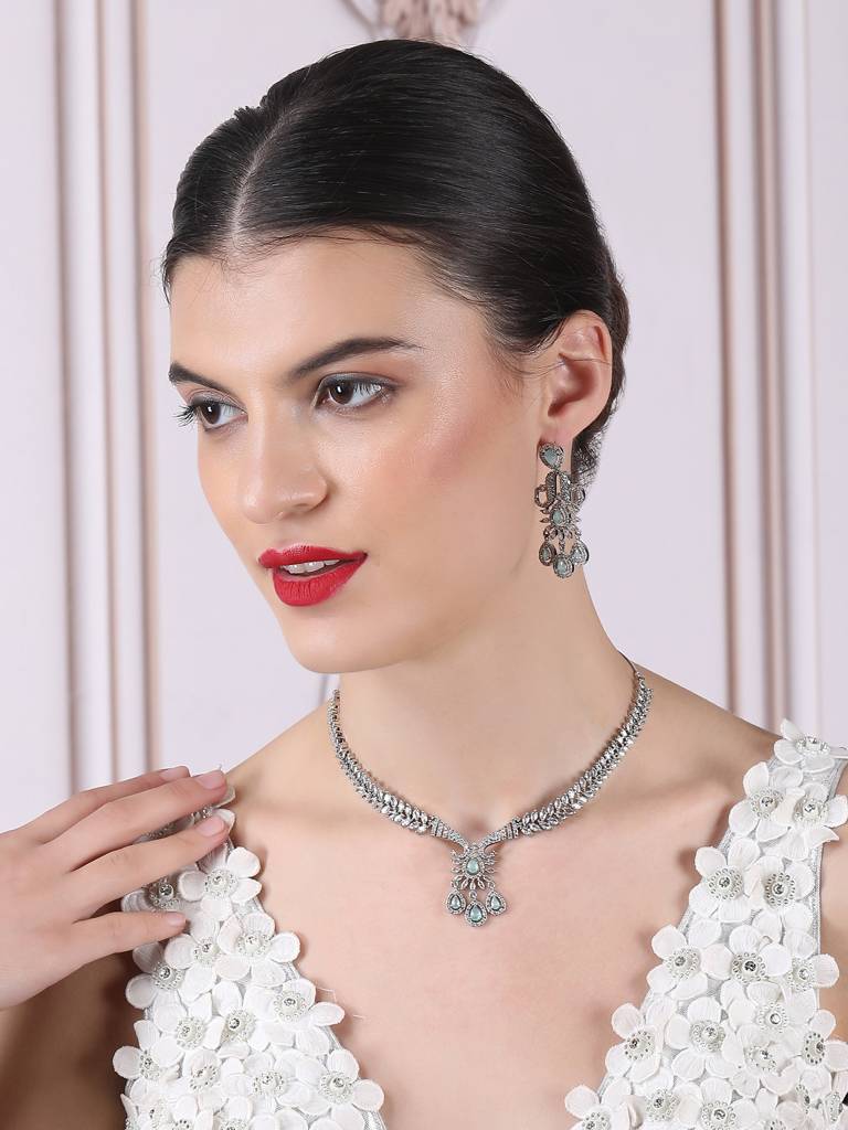 Princess Style Flower Ad Necklace Set With Long Earrings Set For Women/Girls - Wedding Jewelry/Party & Festival Ac : AD137MINT