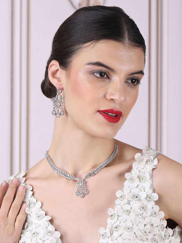 Princess Style Flower Ad Necklace Set With Long Earrings Set For Women/Girls - Wedding Jewelry/Party & Festival Ac : AD137PINK