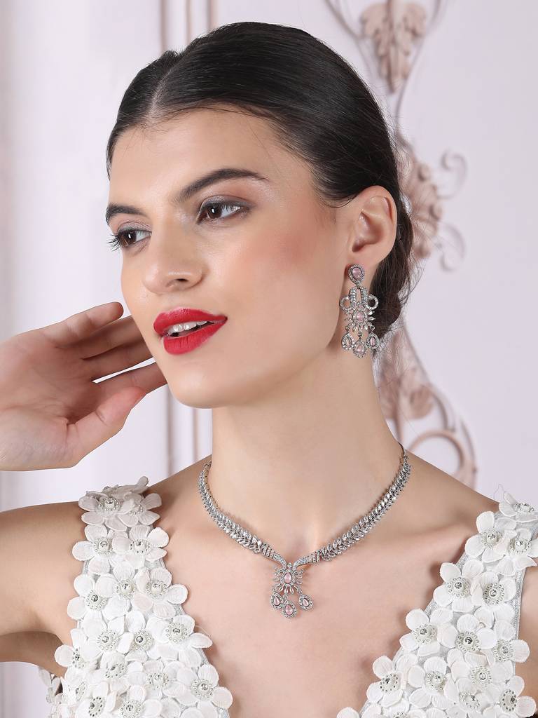Princess Style Flower Ad Necklace Set With Long Earrings Set For Women/Girls - Wedding Jewelry/Party & Festival Ac : AD137PINK