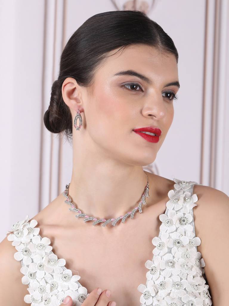 Sleek Luxurious Symmetrical Line Ad Necklace Set For Weddings, Parties And Festivals : AD139PINK