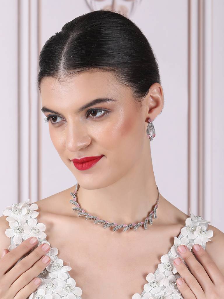 Sleek Luxurious Symmetrical Line Ad Necklace Set For Weddings, Parties And Festivals : AD139PINK