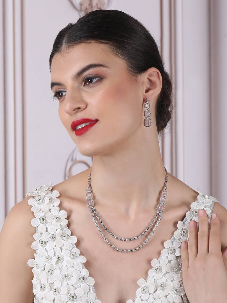 Silver-Plated American Diamond Studded Layered Jewellery Set : AD140PINK