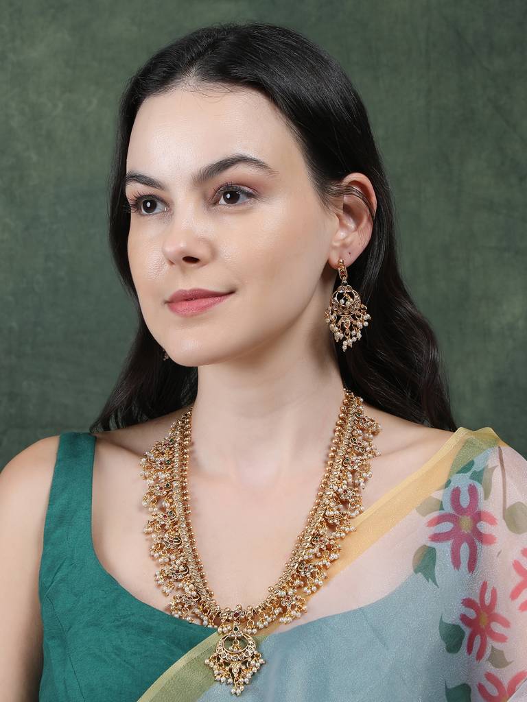 Gold Plated Bridal Guttapusallu Long Necklace Setâ : SATJS333LONG