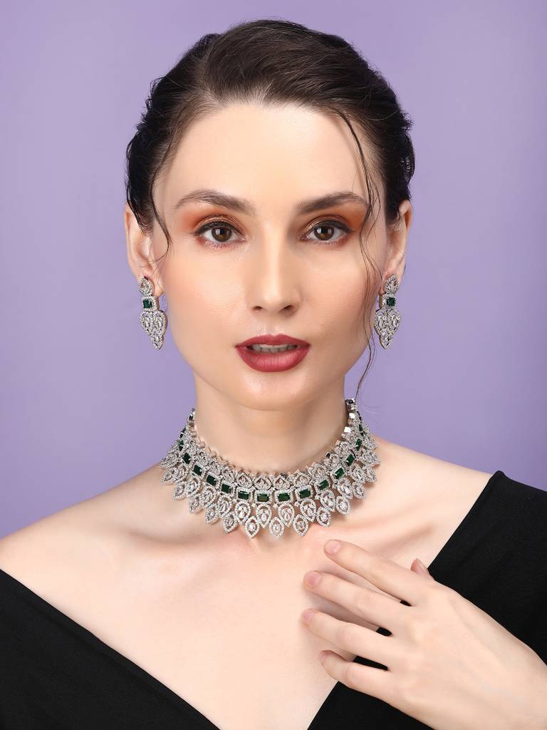 Luxurious Green Cz Ad Bridal Necklace Set : AD130Green