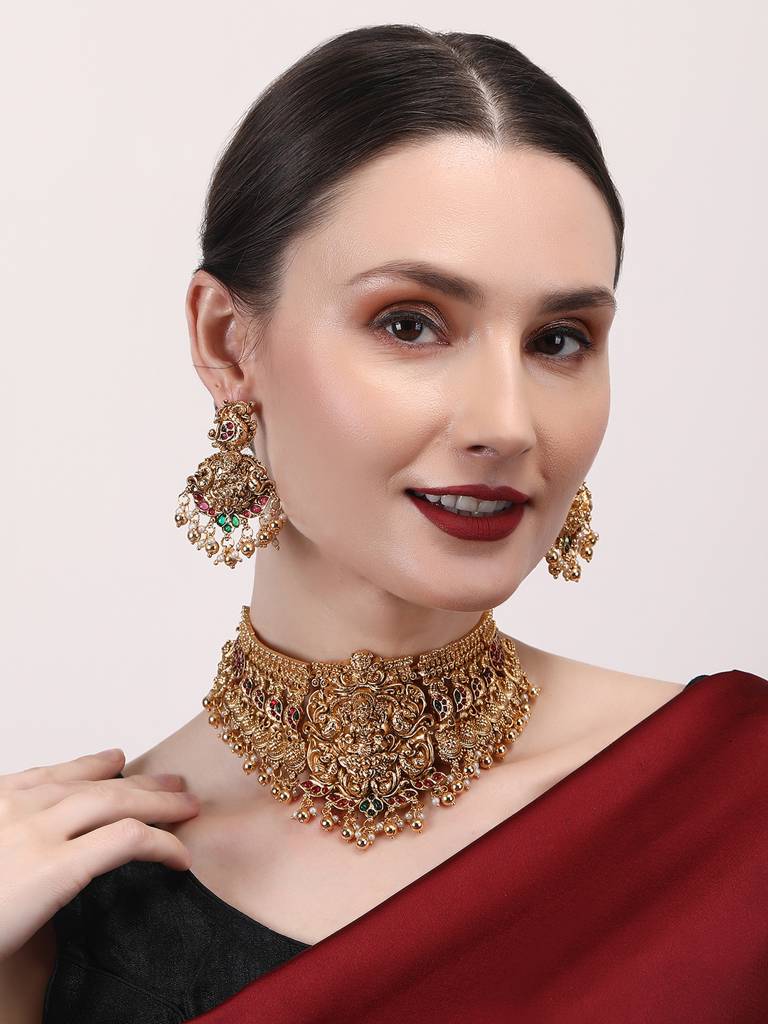 Gold Plated Stone Studded Designer Choker Setâ : CH17GOLDEN