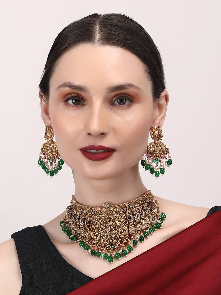 Gold Plated Stone Studded Designer Choker Setâ : CH17GREEN