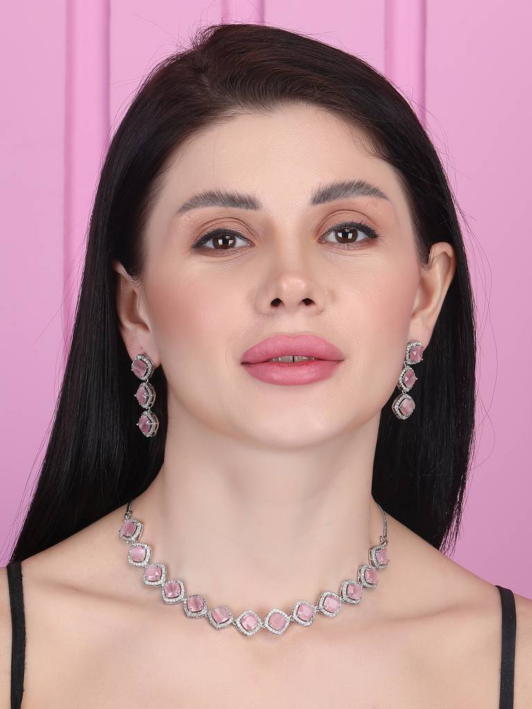 Â Eternal Sparkle:  Ad Sleek Necklace Set : AD132PINK