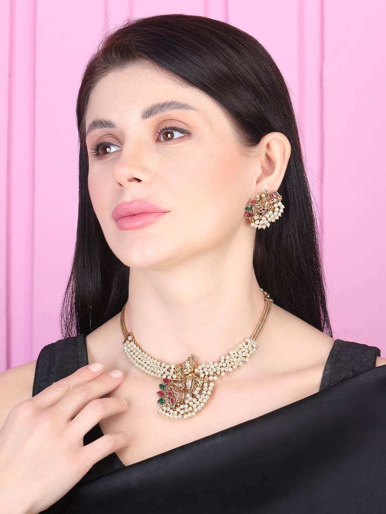 Luxurious Temple Radha Krishna Hydra Necklace Set : W09WHITE